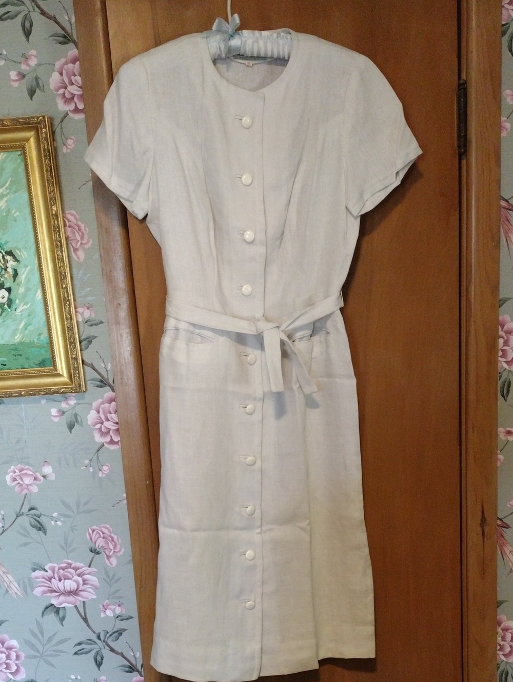Classic Cream Button-Front Midi Dress with Tie Waist